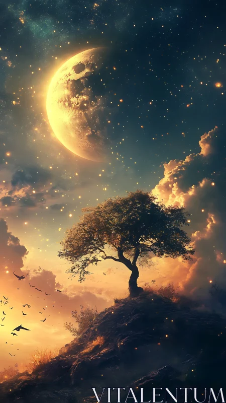 Digital scene depicts crescent moon above solitary hilltop tree