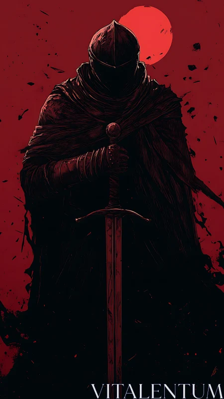 Armored silhouette with greatsword under eclipsed blood moon.