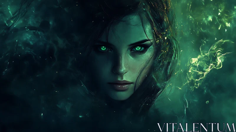 Mystical emerald-eyed sorceress emerges from glowing shadows