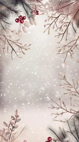 Wintry pine branches framing soft falling snowflakes scene.