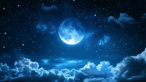 Luminous full moon dominates a star-dense nocturnal sky