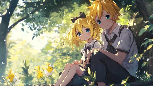Anime twins resting in sunlit forest with glowing sprites.