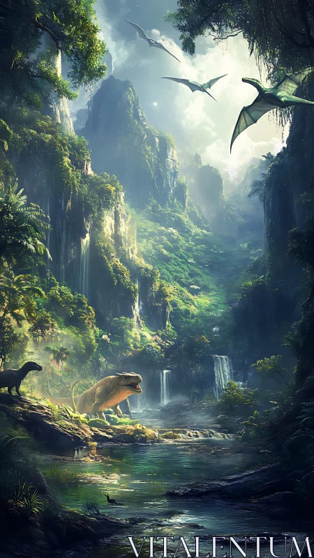 Primeval dinosaurs roam a misty, waterfall jungle valley.