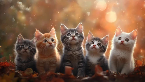 Five Kittens Gaze Upward Through Enchanted Golden Light