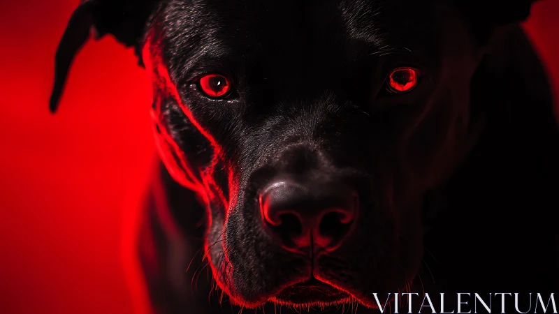 Gleaming red-lit portrait of black dog in dramatic focus.