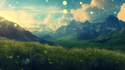 Firefly stars drift above wildflower valleys and jagged peaks