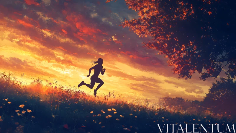 Silhouette runner crossing ember-lit meadow at sunset sky.