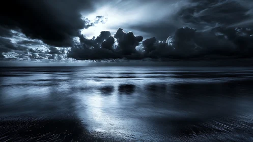 Moonlit storm clouds tango above a glassy midnight sea