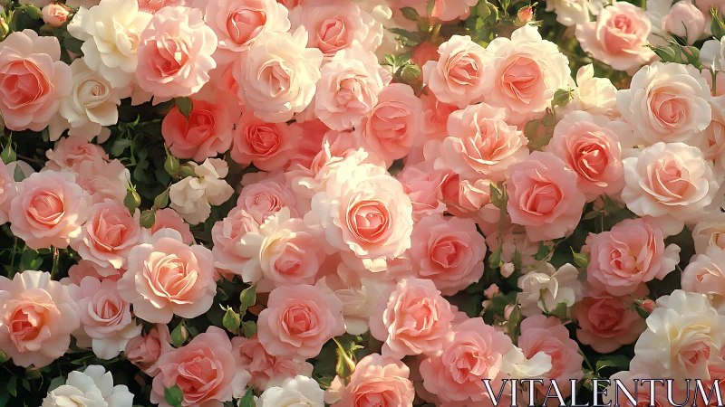 Abundance of Pink and White Roses in Full Bloom.