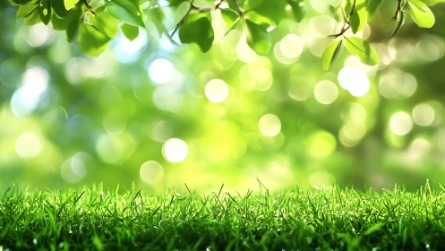 Sunlit Green Grass and Leaves with Soft Bokeh Background.