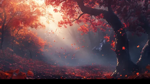 Forest scene with red autumn foliage and falling leaves in mist