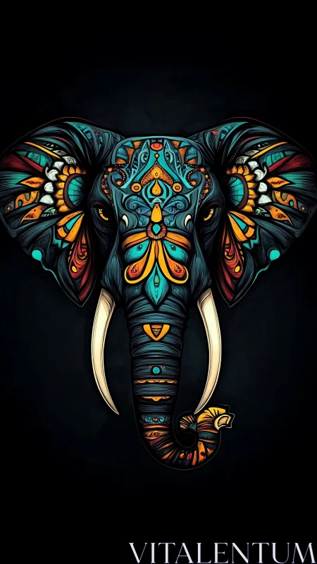 Ornate neon elephant head glows against a deep black void