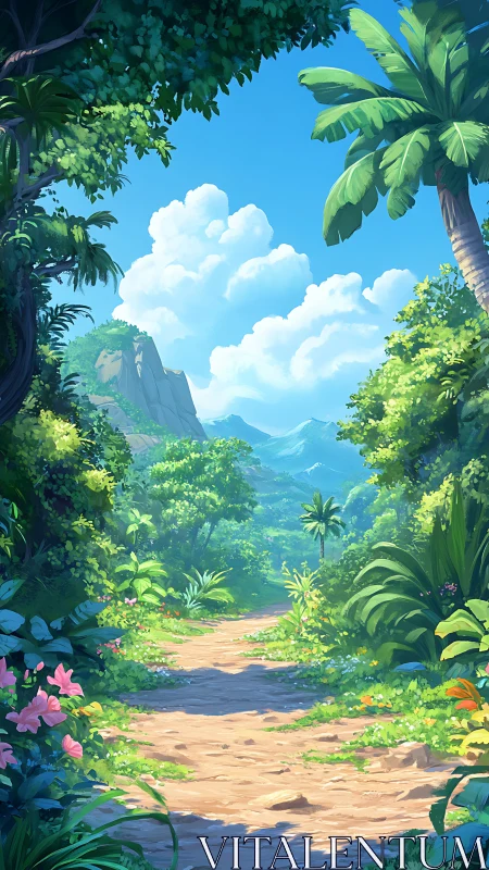 Tropical forest path leads toward distant mountains under clouds