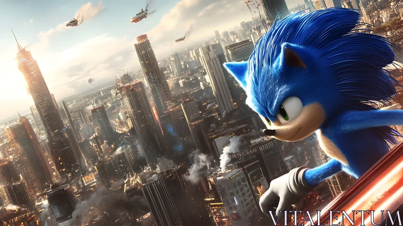 Blue anthropomorphic hedgehog above dense modern cityscape.
