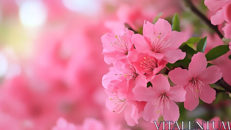 Pink azalea flowers blooming on branch with bokeh background