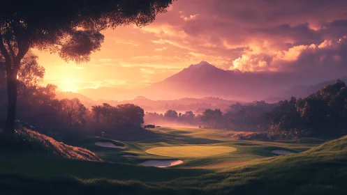 Sunlit mountain golf fairway under dramatic twilight sky