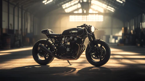 Photorealistic café racer motorcycle in cinematic warehouse light.