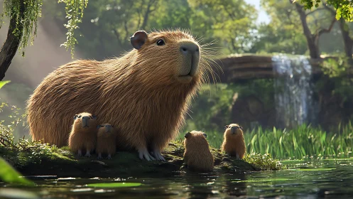 Capybara family resting by lush riverside waterfall.
