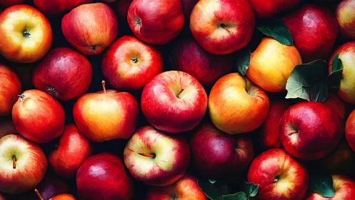 Red and yellow apples arranged in dense overhead view.