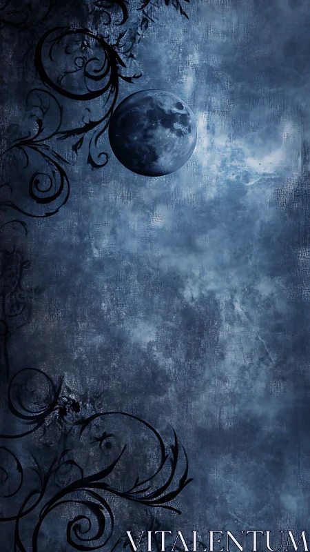 Gothic lunar vignette contrasts ornamental scrolls and moon