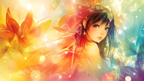 Ethereal anime girl glows amid luminous floral lightscape.