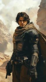 Desert wanderer studies the stormline between steel and sand