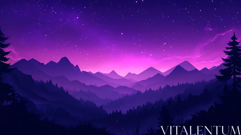 Layered violet mountain forest under high contrast starfield sky