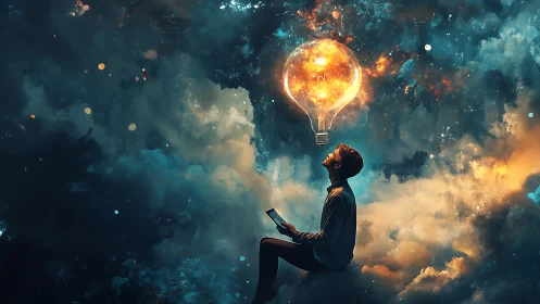 Dreamy night reader under a glowing cosmic lightbulb.