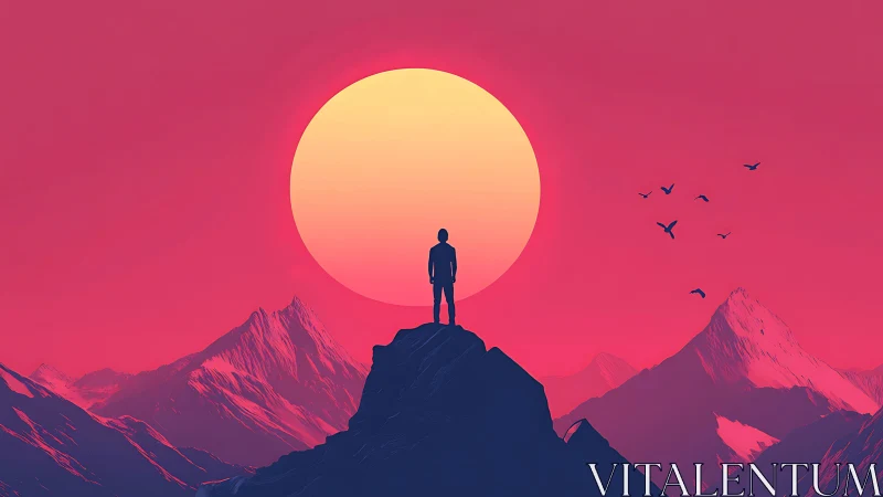 Silhouette on peak against oversized sun in neon dusk sky