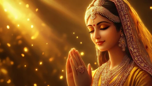 Golden devotional portrait of jeweled Indian woman in prayer.