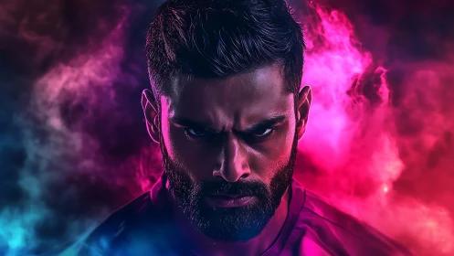 Digital portrait shows stern male face in colored smoke