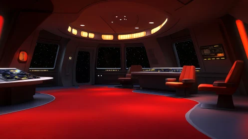 Starship command bridge glowing in cinematic crimson light.