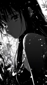 Shadowlit anime girl in high-contrast monochrome forest study.