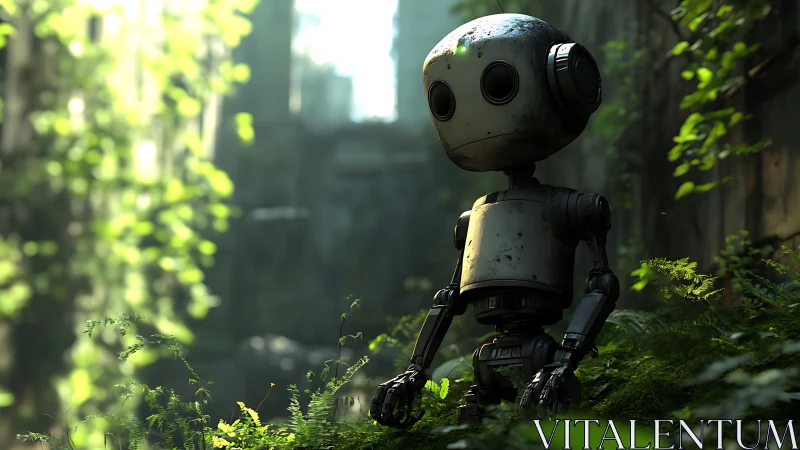 Lonely forest robot gazes upward in overgrown ruins.