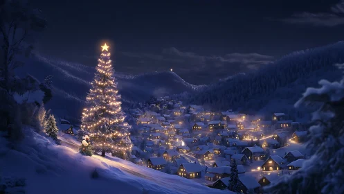 Snowy hillside Christmas tree above glowing alpine town.