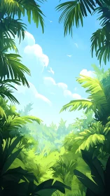 Tropical Jungle Canopy View Under Blue Sky.