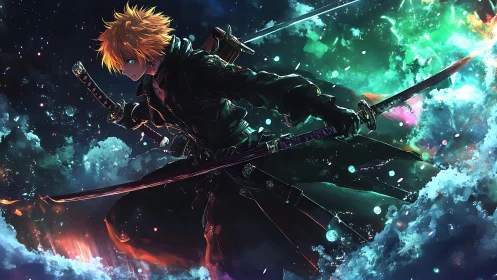 Neon sky swordsman leaping through cosmic storm clouds.