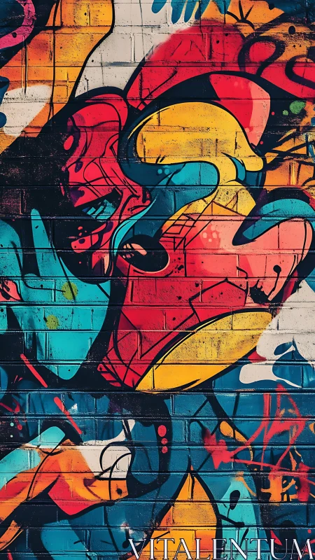 Multi-layered spray paint graffiti covers a vertical brick wall