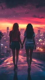 Sunset city walk with two friends holding hands in rain.