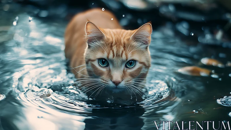 Feline Portrait: Blue-Eyed Cat Swimming Through Tranquil Waters.