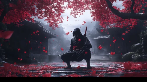 Hooded swordsman in courtyard beneath dense red maple canopy.