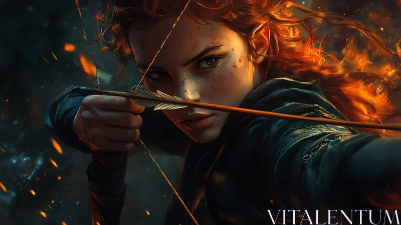 Fiery archer in cinematic close-up amid flying embers.