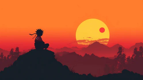 Anime silhouette at dusk with layered mountain horizon composition.
