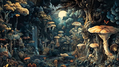 Moonlit fantasy forest with oversized mushrooms and falls.