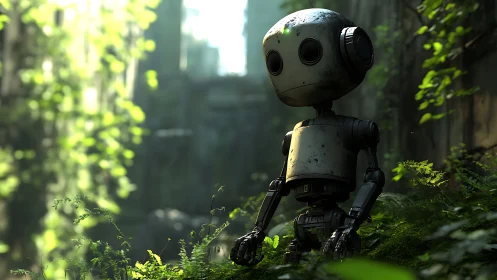 Lonely forest robot gazes upward in overgrown ruins.