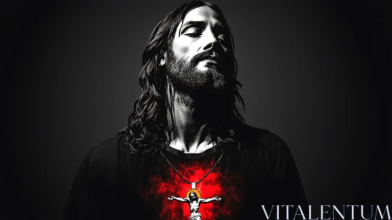 Brooding portrait merges shadowed faith and inner fire