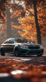 Sporty green sedan resting beneath glowing autumn trees.