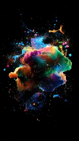 High-saturation nebular pigment cloud with suspended color particulates