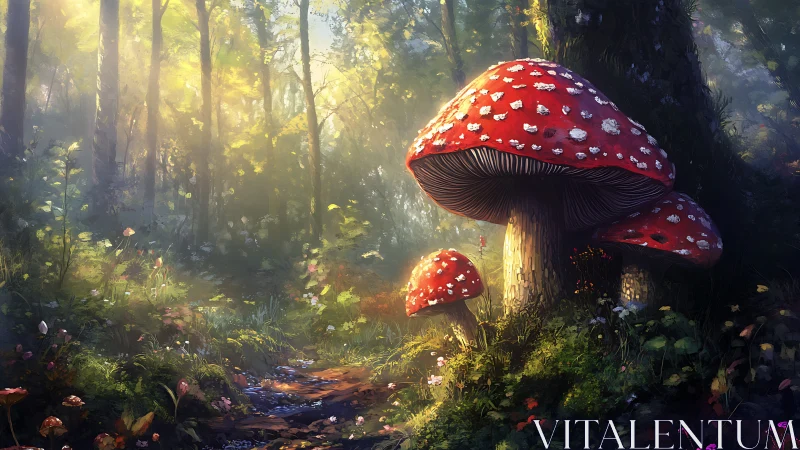 Colossal crimson mushrooms quietly crown a sunlit forest path