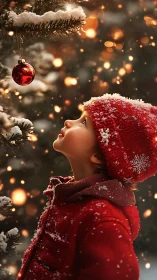 Child in red winter coat looking at red tree ornament.